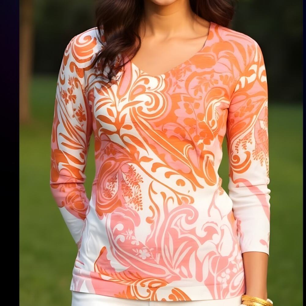 Talbots NWOT Pullover Sweater Slub Cotton 3/4 Sleeve Paisley Floral SZ Medium